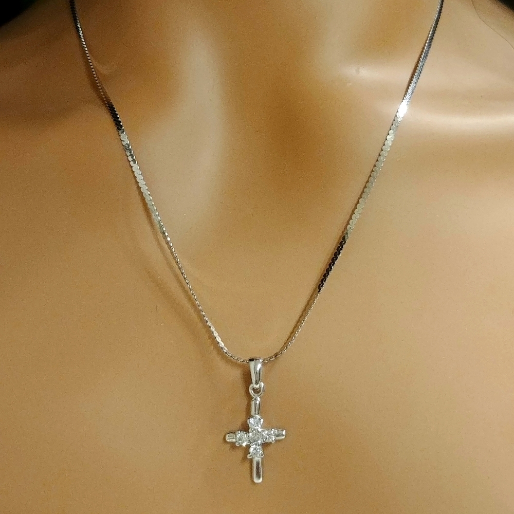 STUNNING Sterling Silver CZ Petite Cross Necklace